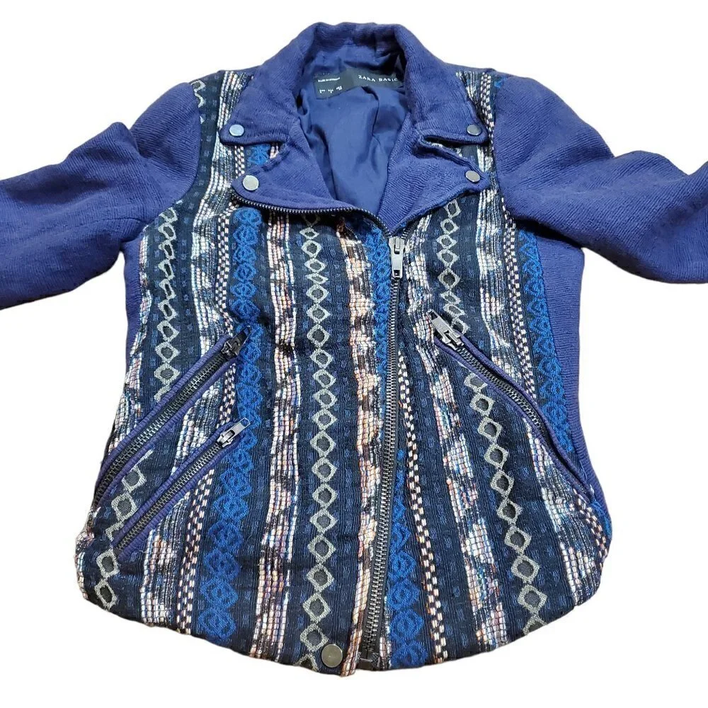 Zara Basic Womens‎ Blue Aztec Tribal Moto Asymmetrical Full Zip Jacket Size S